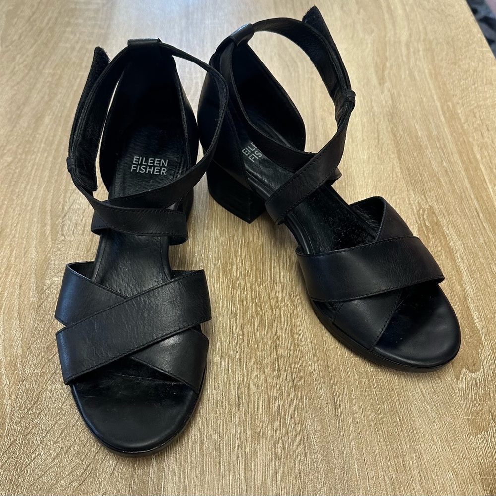 Eileen Fisher black leather strappy sandals